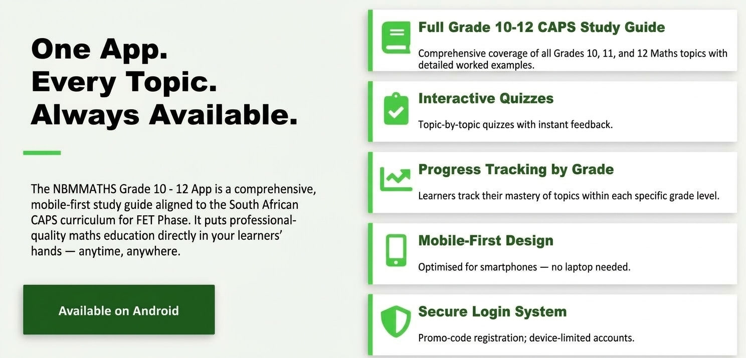 NBM Maths Grade 12 App - Full CAPS Study Guide with Interactive Quizzes and Progress Tracking