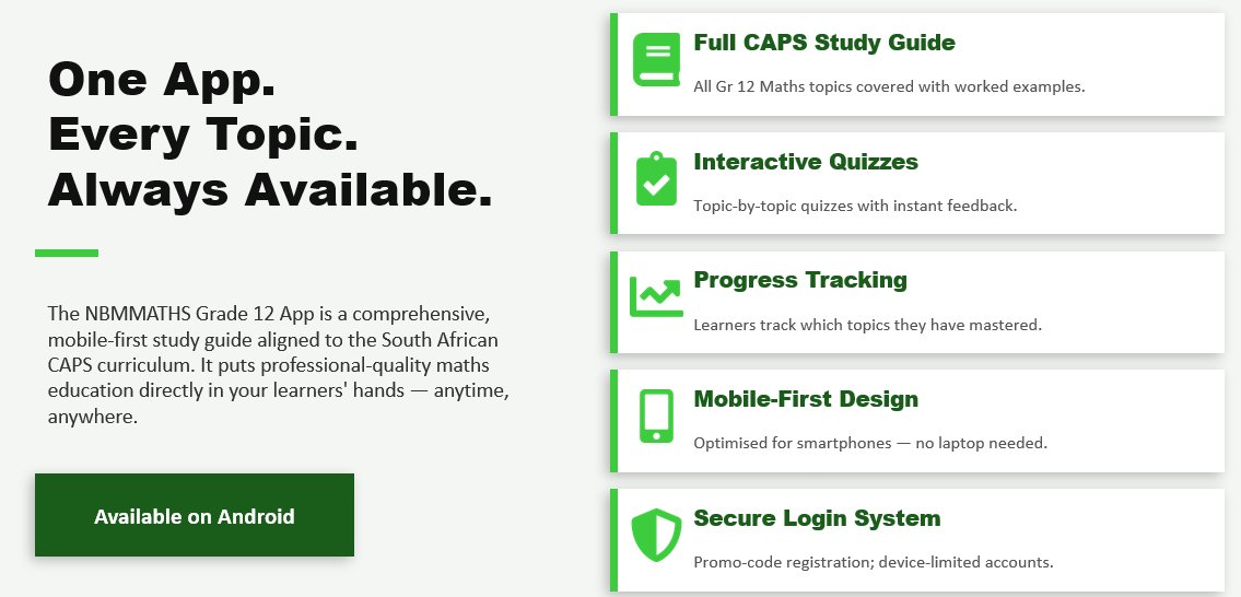 NBM Maths Grade 12 App - Full CAPS Study Guide with Interactive Quizzes and Progress Tracking